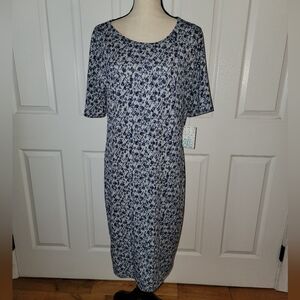 Blue White Floral Midi Dress Stretch Casual Work Everyday Comfort NWT